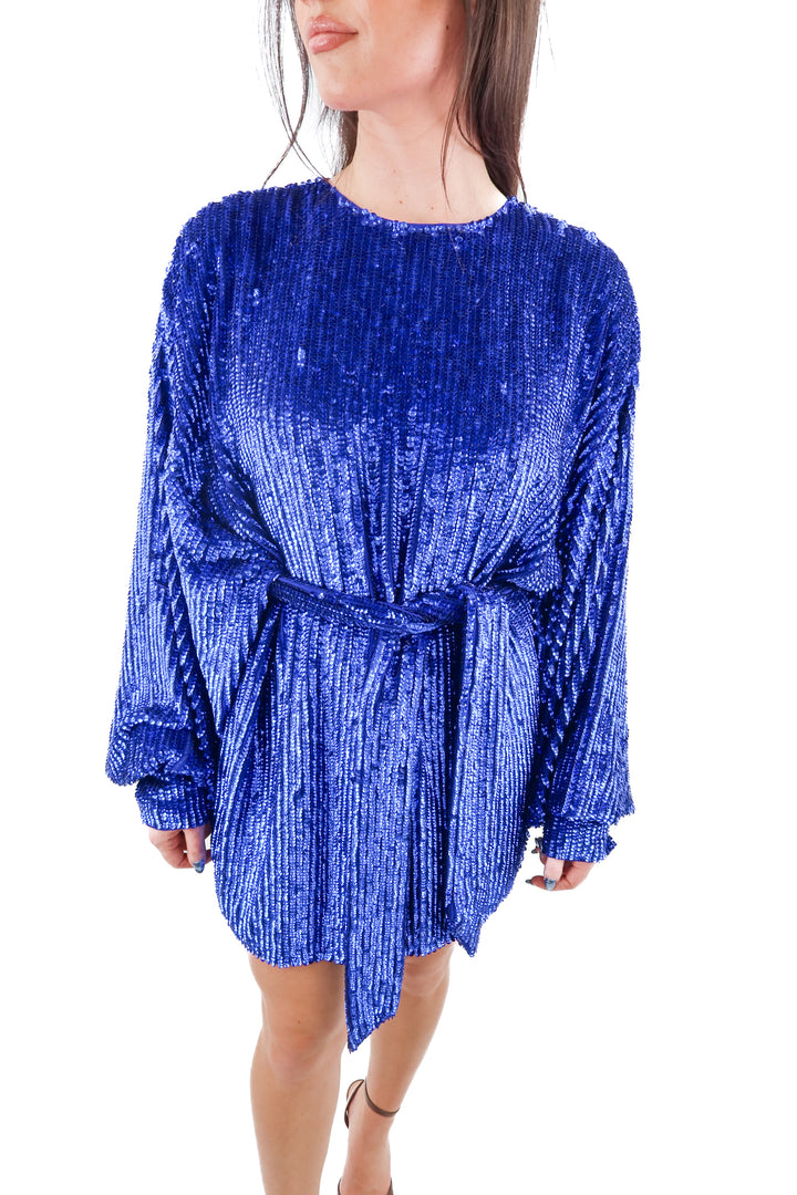 asos dark blue sequin longsleeve mini dress (8; retail $109)