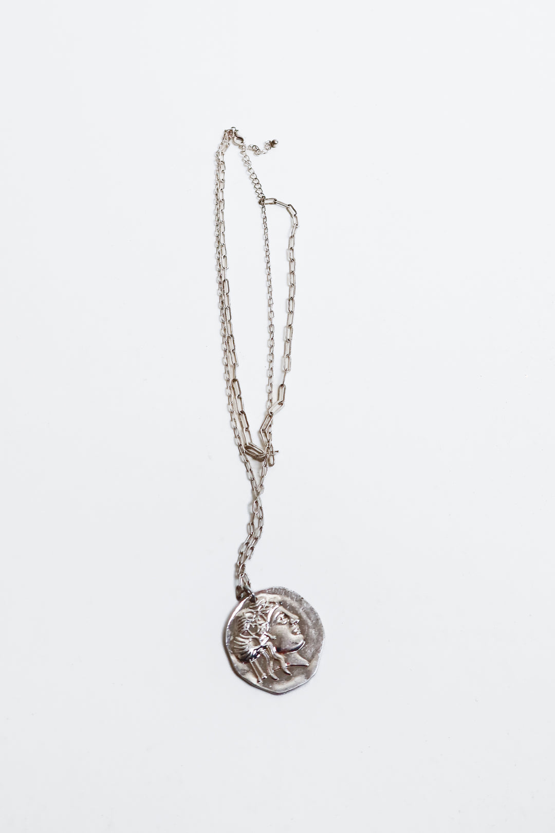 silver chain necklace with greek woman pendant
