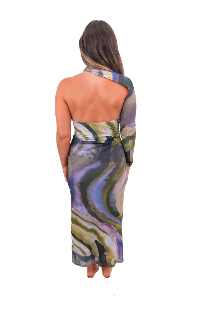 asos design green/purple one shoulder dress (10; retail $90)