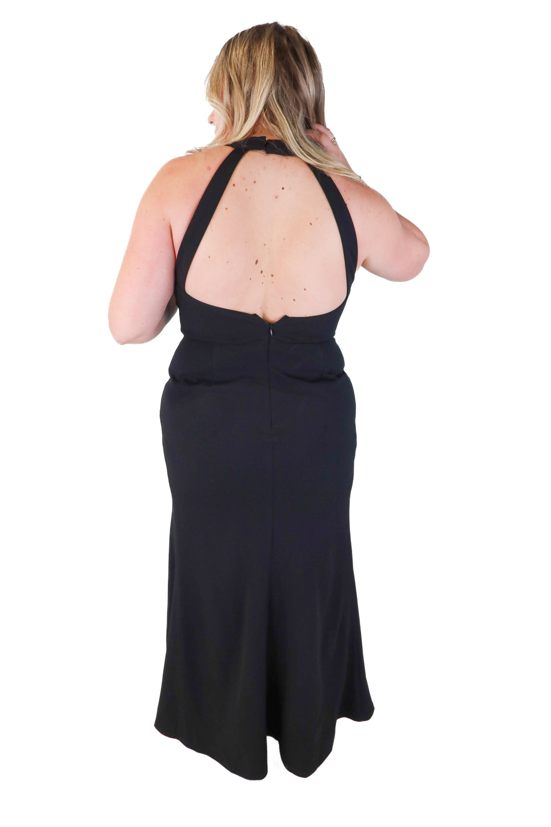 luxedo black high neck maxi dress (L; retail $219)