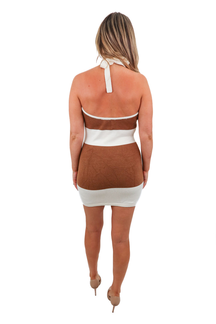 lulus brown knit stripe halter dress (L; retail $49)