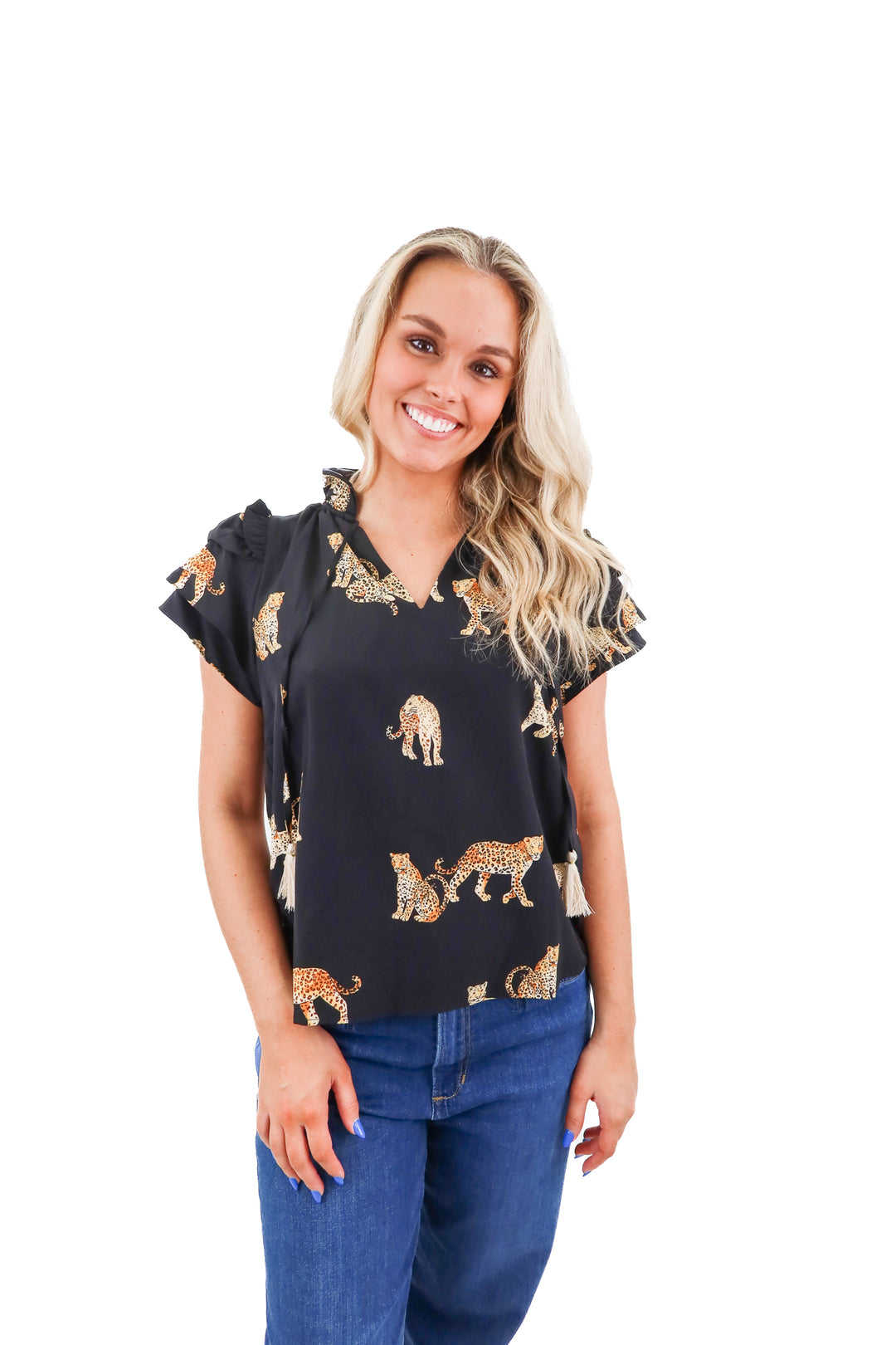 thml black charming cheetah flutter sleeve top nwt (xs; retail $76)