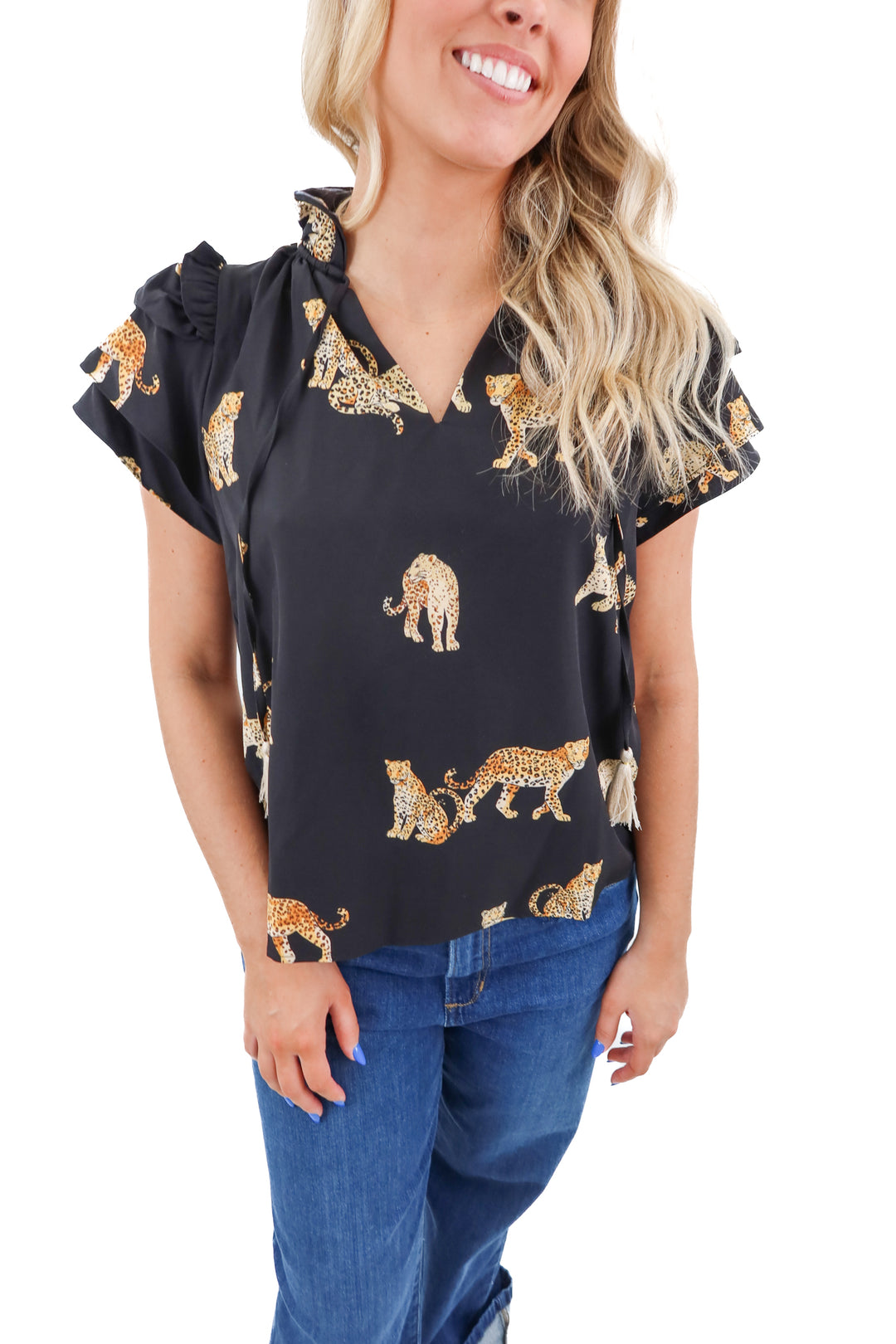 thml black charming cheetah flutter sleeve top nwt (xs; retail $76)