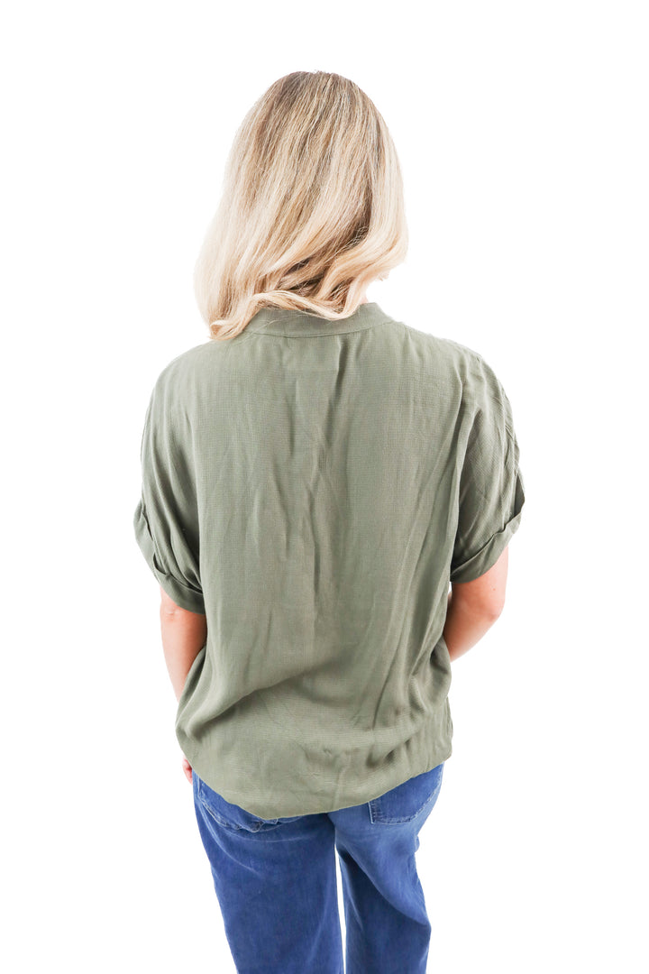 maeve green short sleeve blouse (xs; retail $85)