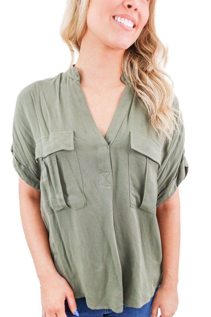 maeve green short sleeve blouse (xs; retail $85)