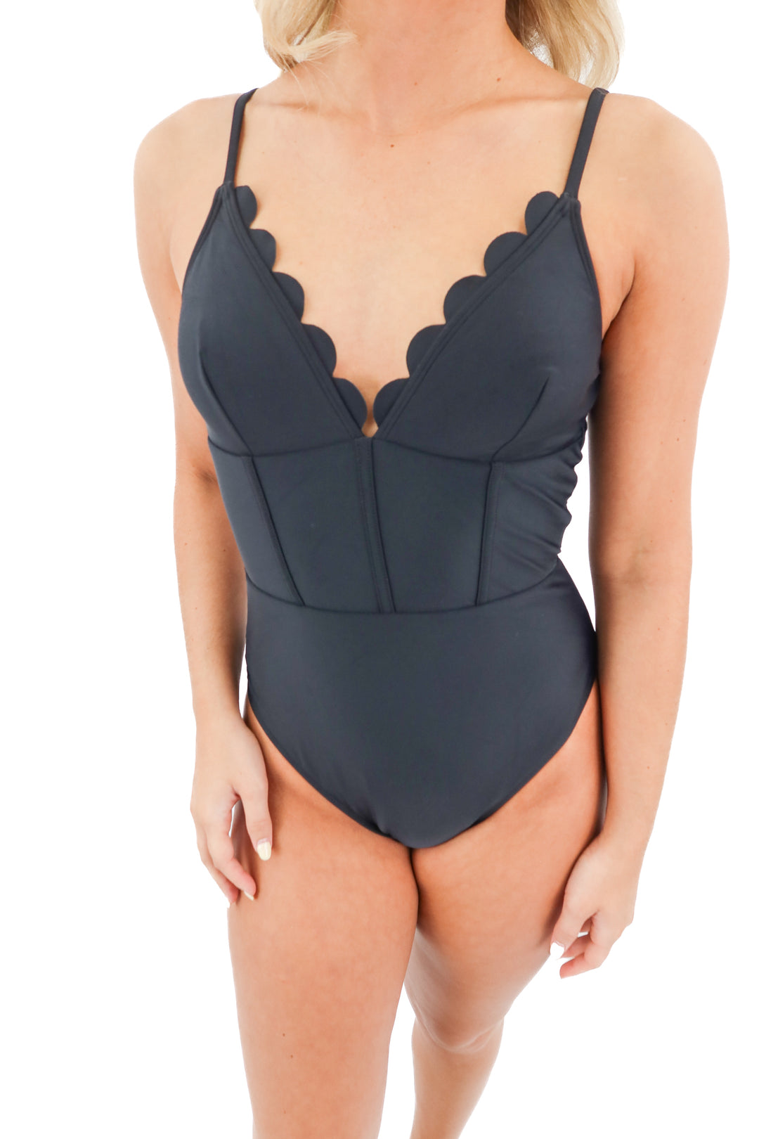 black scallop trimmed one-piece swim (M)