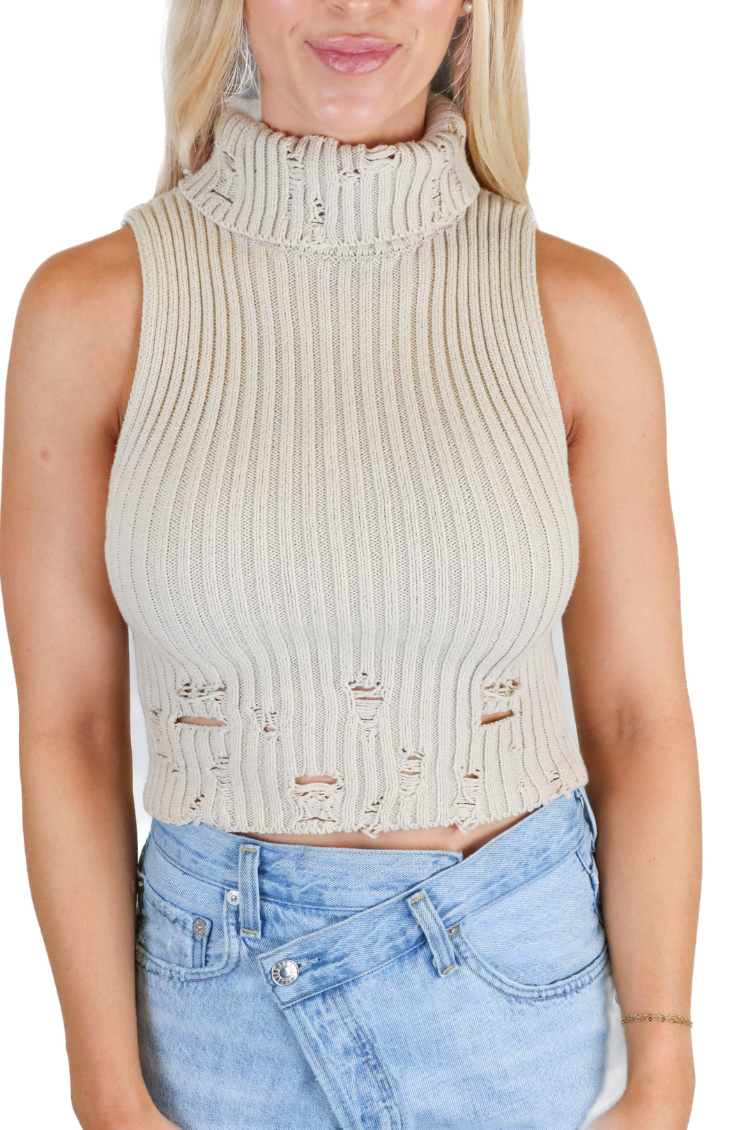 BDG Biege Distressed Turtle Neck Sweater Tank Top (XS)