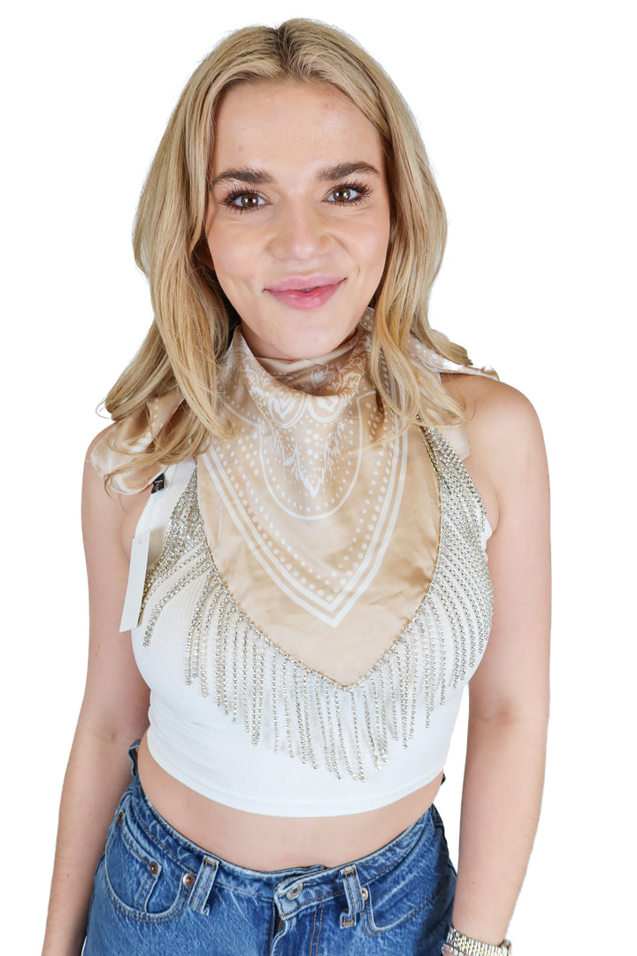 Taupe Rhinestone Fringe Silky Bandana