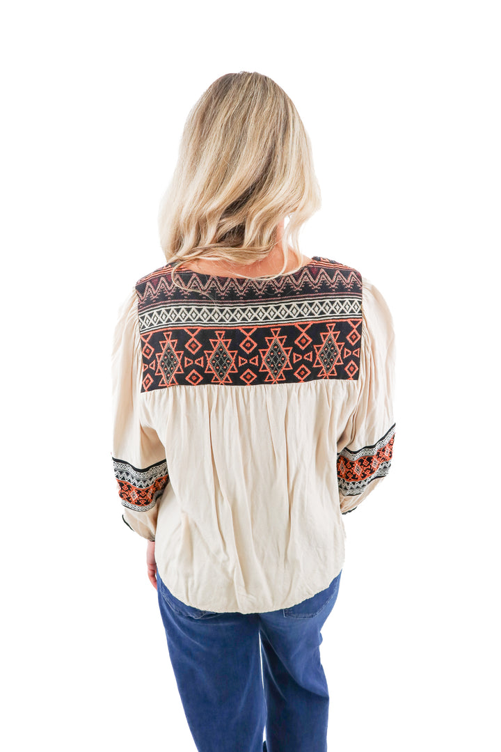 fab'rik cream aztec embroidered top (s; retail $78)