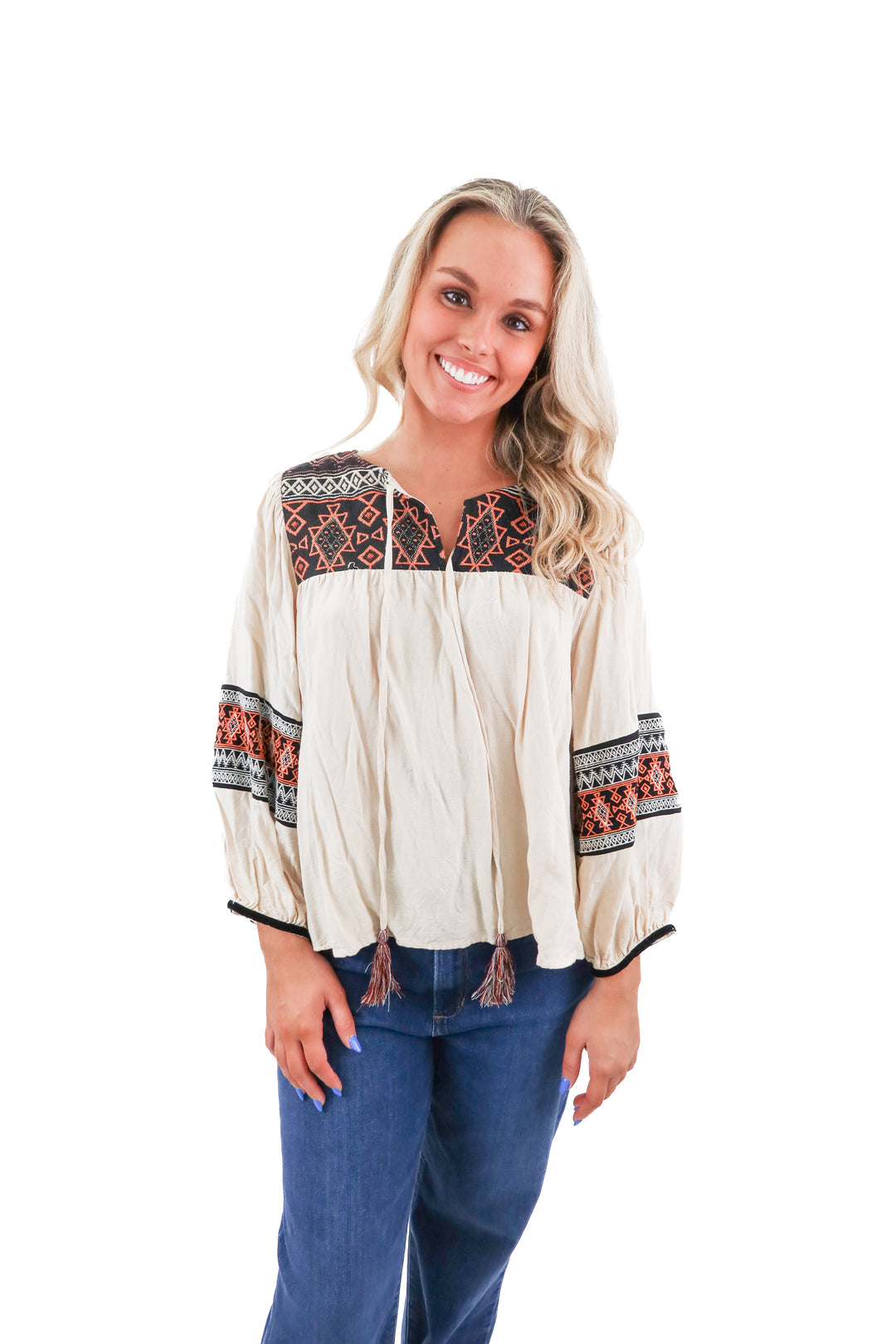fab'rik cream aztec embroidered top (s; retail $78)