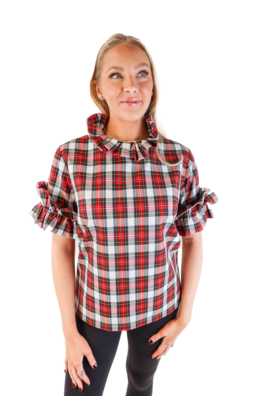 Elizabeth Wilson red multi plaid ruffle top (s; retail $95)