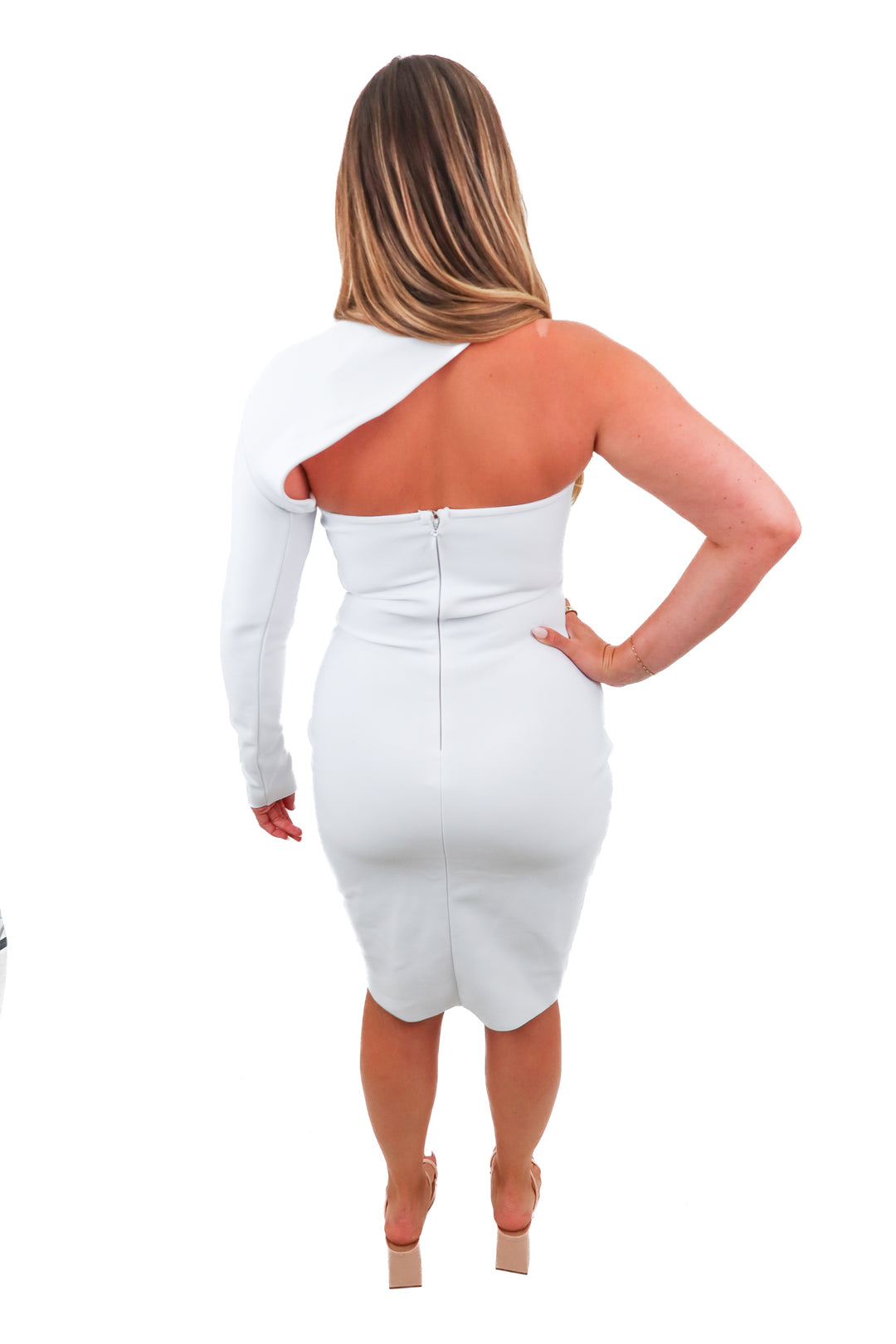 fashion nova white one shoulder bandage dress (L)