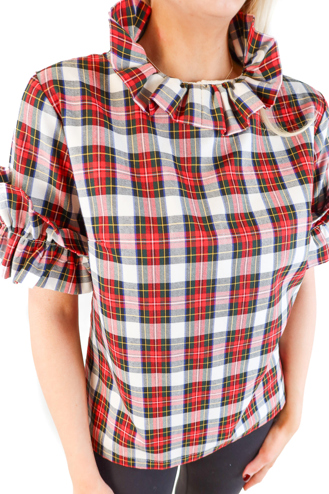 Elizabeth Wilson red multi plaid ruffle top (s; retail $95)