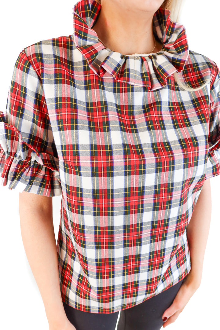 Elizabeth Wilson red multi plaid ruffle top (s; retail $95)