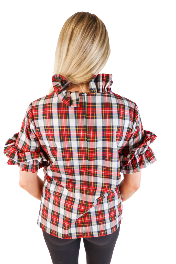 Elizabeth Wilson red multi plaid ruffle top (s; retail $95)