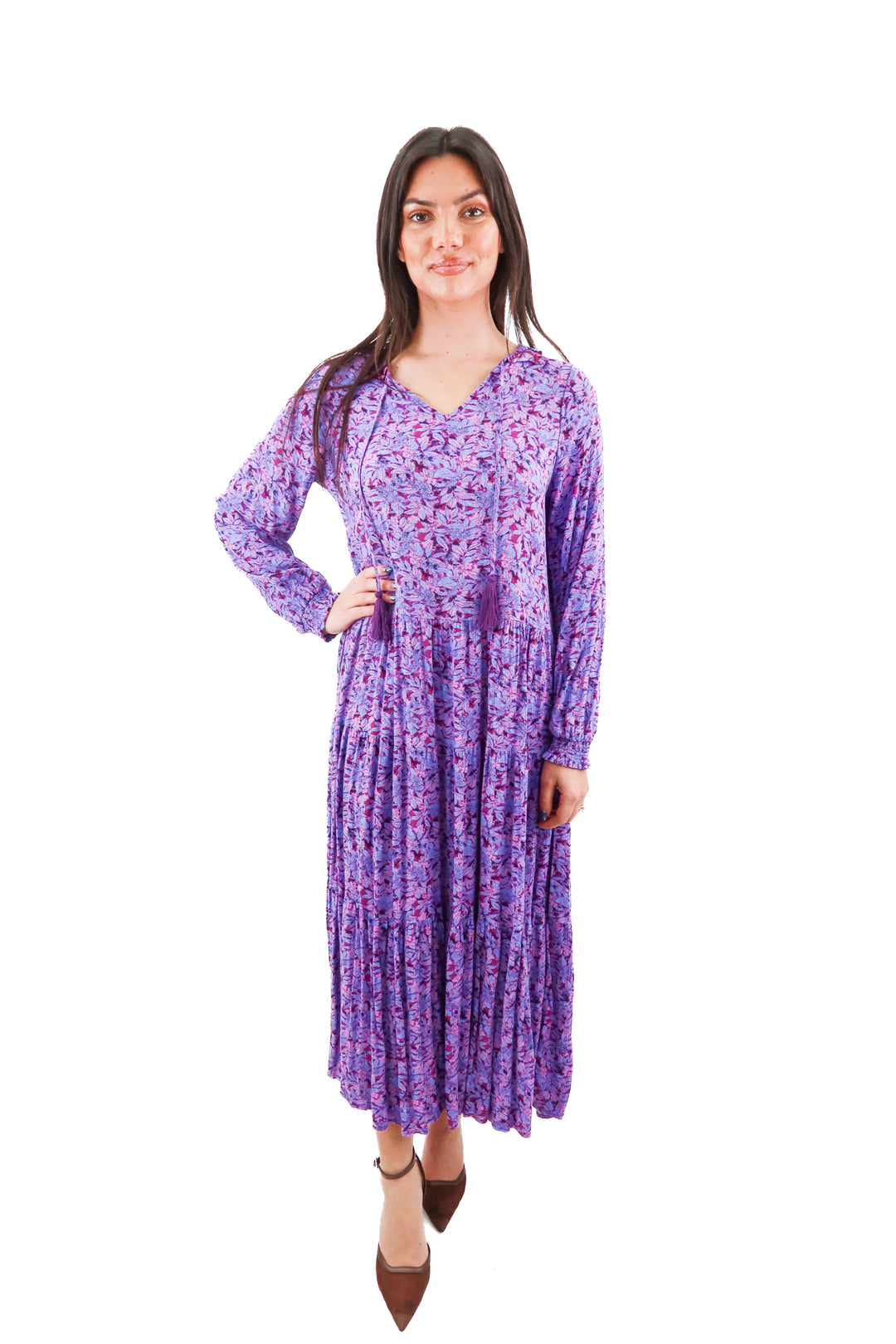 chelsea & violet purple floral long sleeve long dress (xs; retail $59)