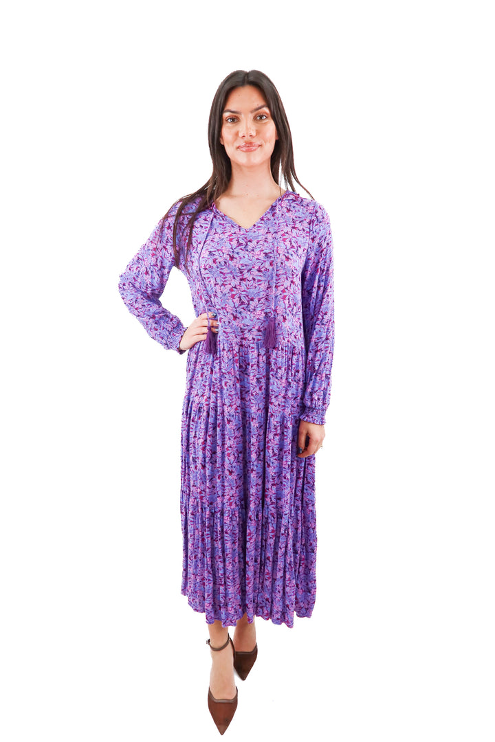 chelsea & violet purple floral long sleeve long dress (xs; retail $59)