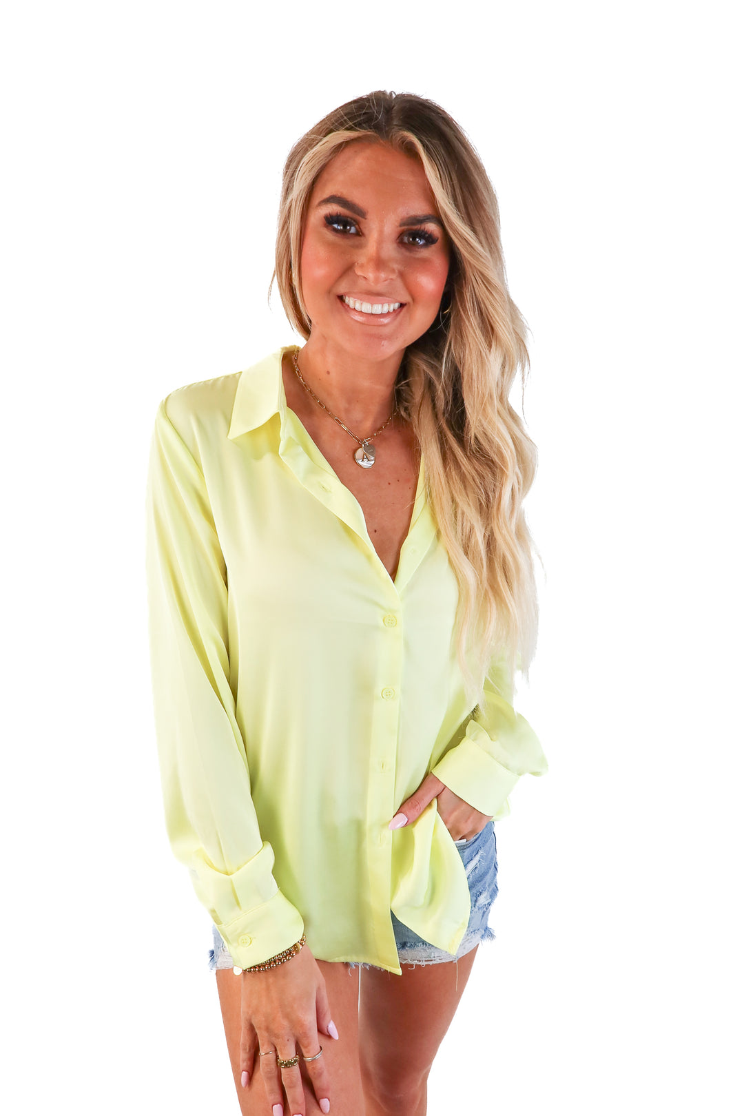 Skies are blue neon yellow button up (s)