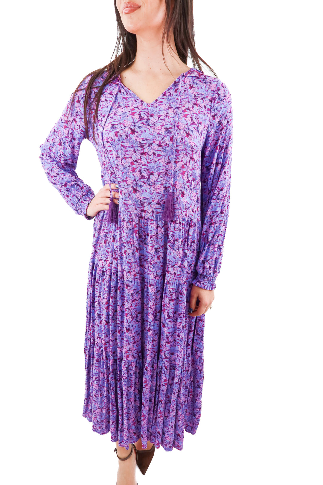 chelsea & violet purple floral long sleeve long dress (xs; retail $59)