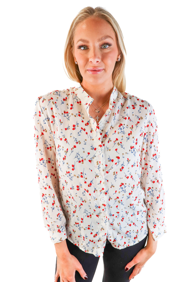 Fashion class white floral sheer button up top (s)