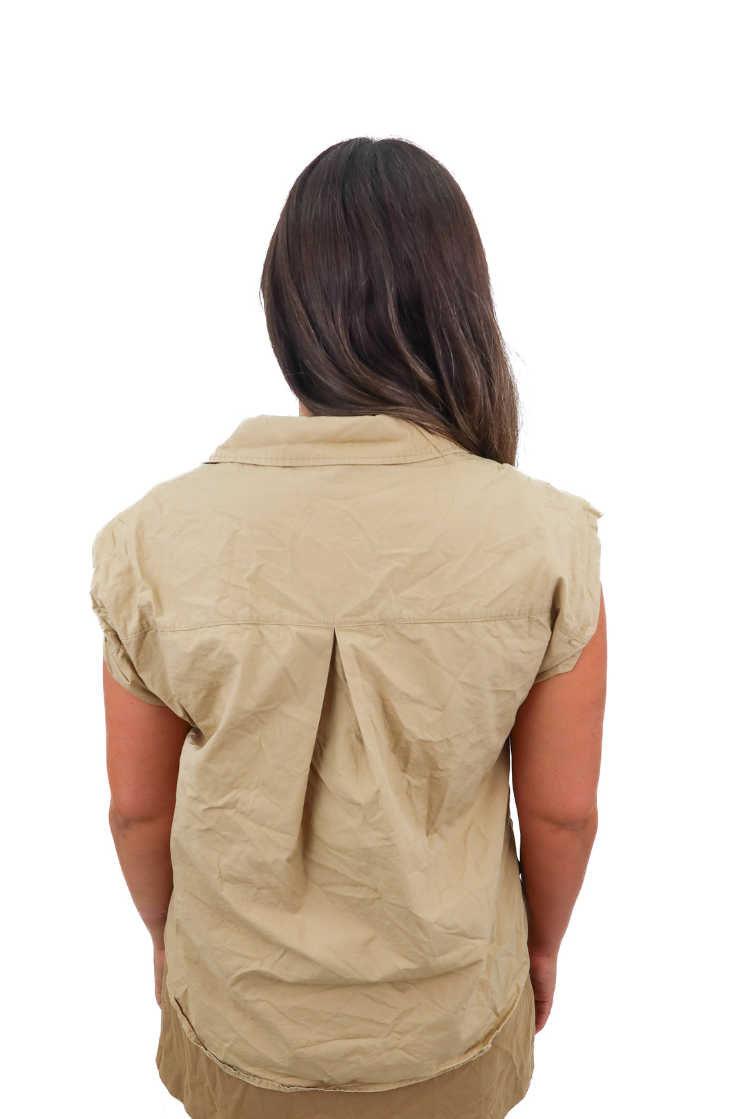 vici tan short sleeve button up top (s)