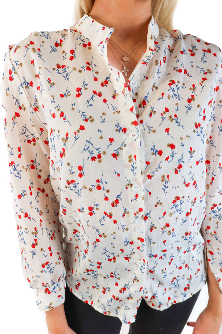 Fashion class white floral sheer button up top (s)