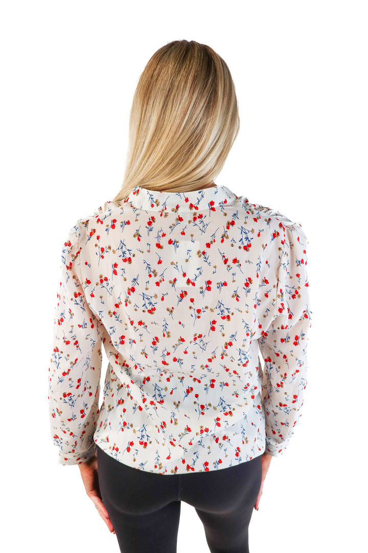 Fashion class white floral sheer button up top (s)
