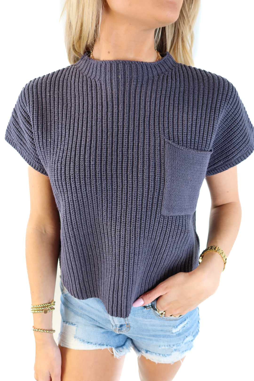 SOLD: Miou Muse navy knitted short sleeve sweater NWT (M)