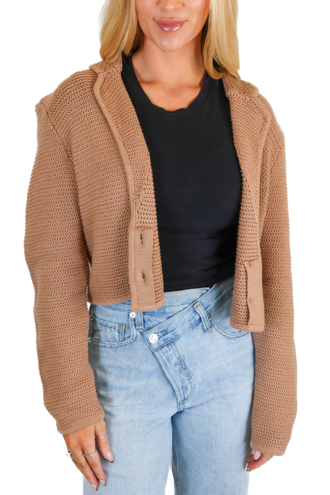 DH New York Camel Knit Crop Cardigan Jacket (S)