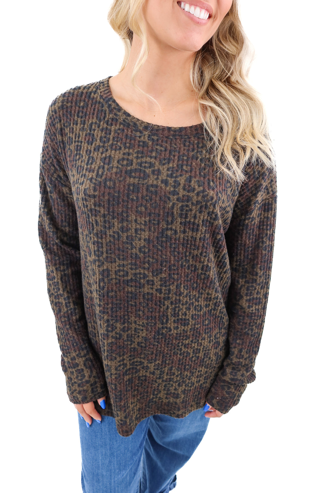 sanctuary leopard print waffle knit top (s)