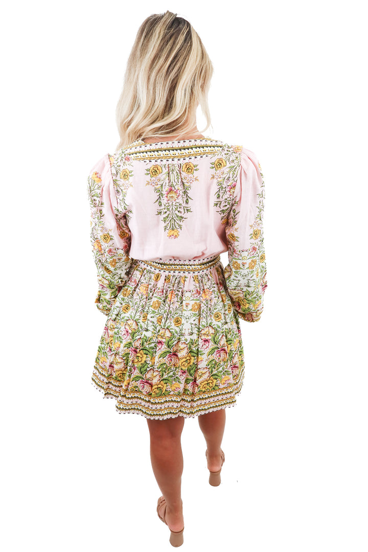 a loves a pink floral long sleeve mini wrap dress (XS; retail $169)