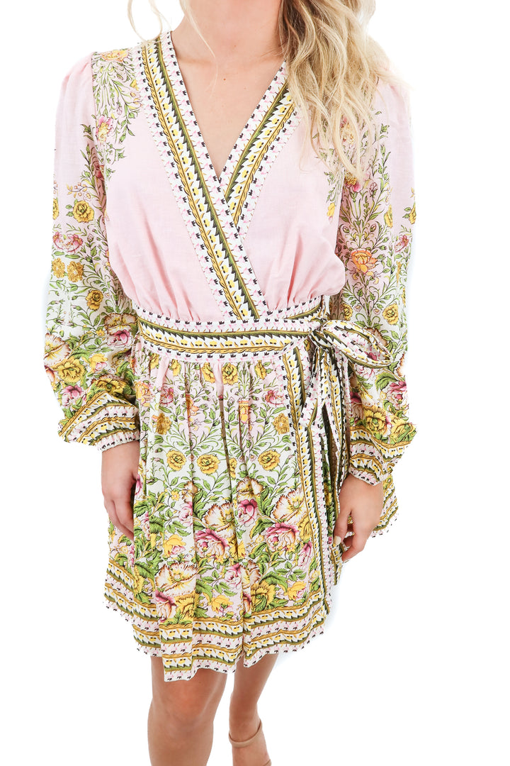 a loves a pink floral long sleeve mini wrap dress (XS; retail $169)