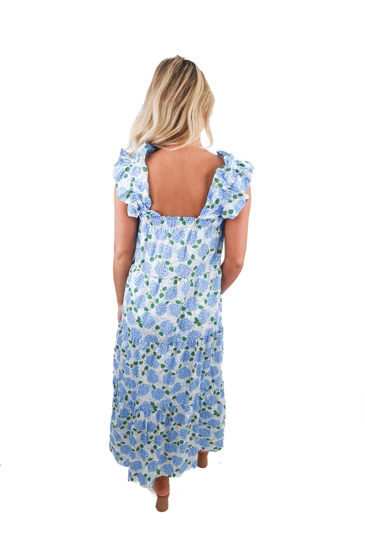 THML blue hydrangea print floral maxi dress (XS)