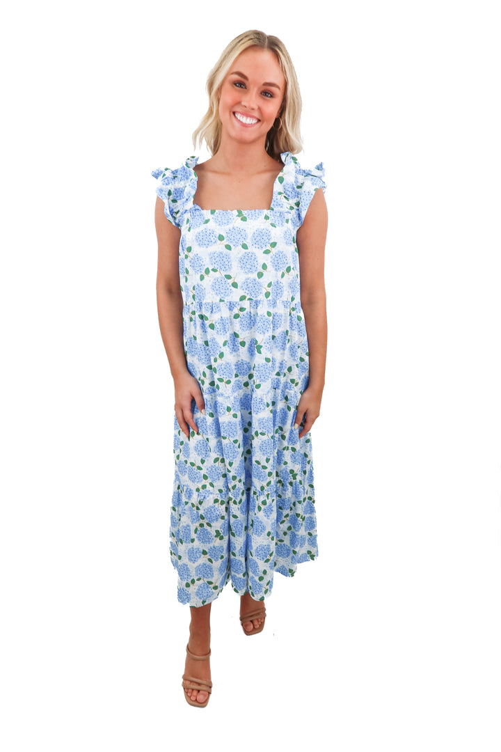 THML blue hydrangea print floral maxi dress (XS)
