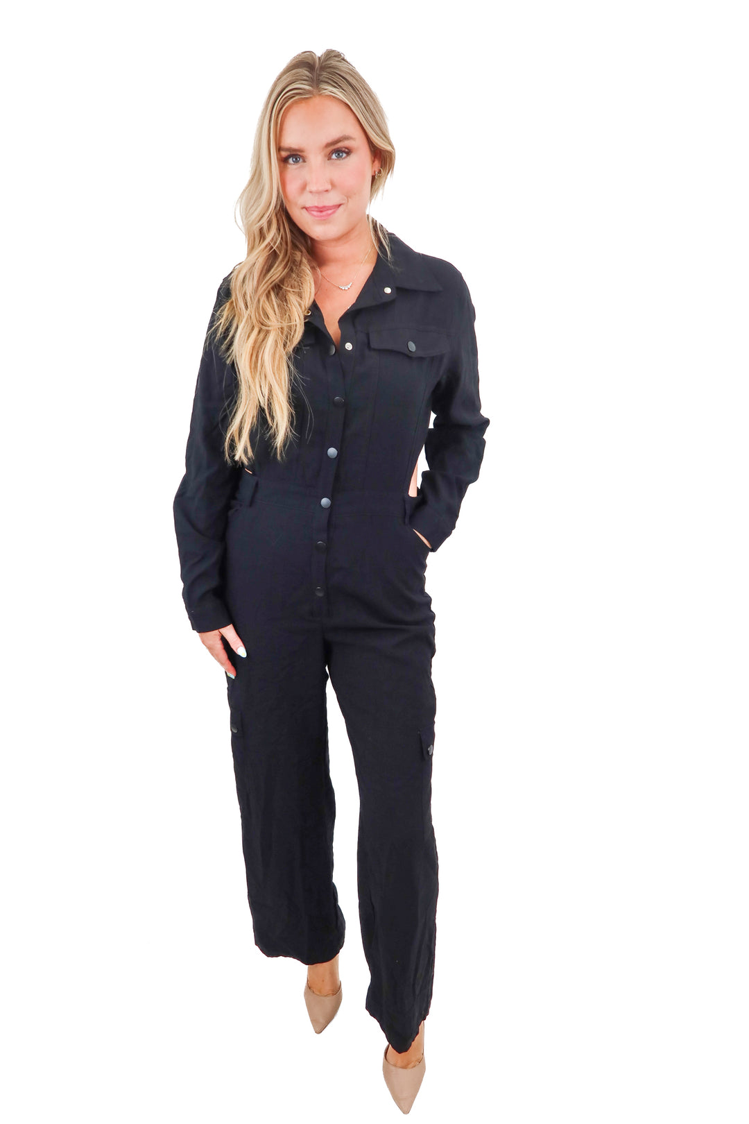 windsor black open back jumpsuit (L)