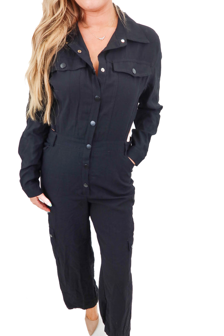 windsor black open back jumpsuit (L)