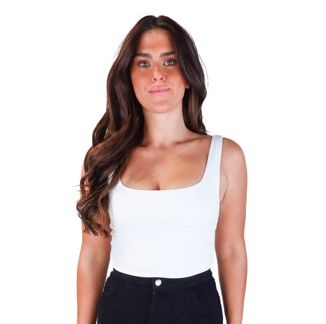 Express white soft denim tank bodysuit (s; retails for $48)