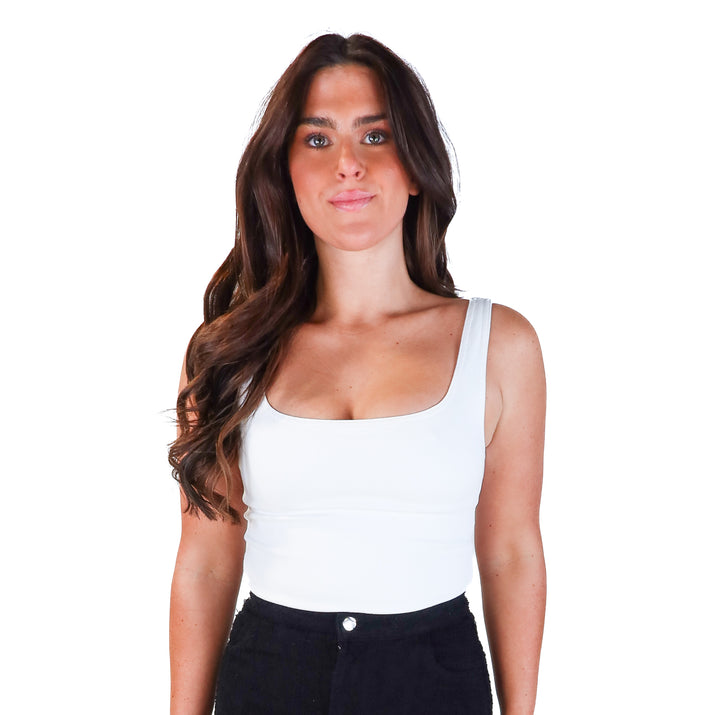 Express white soft denim tank bodysuit (s; retails for $48)