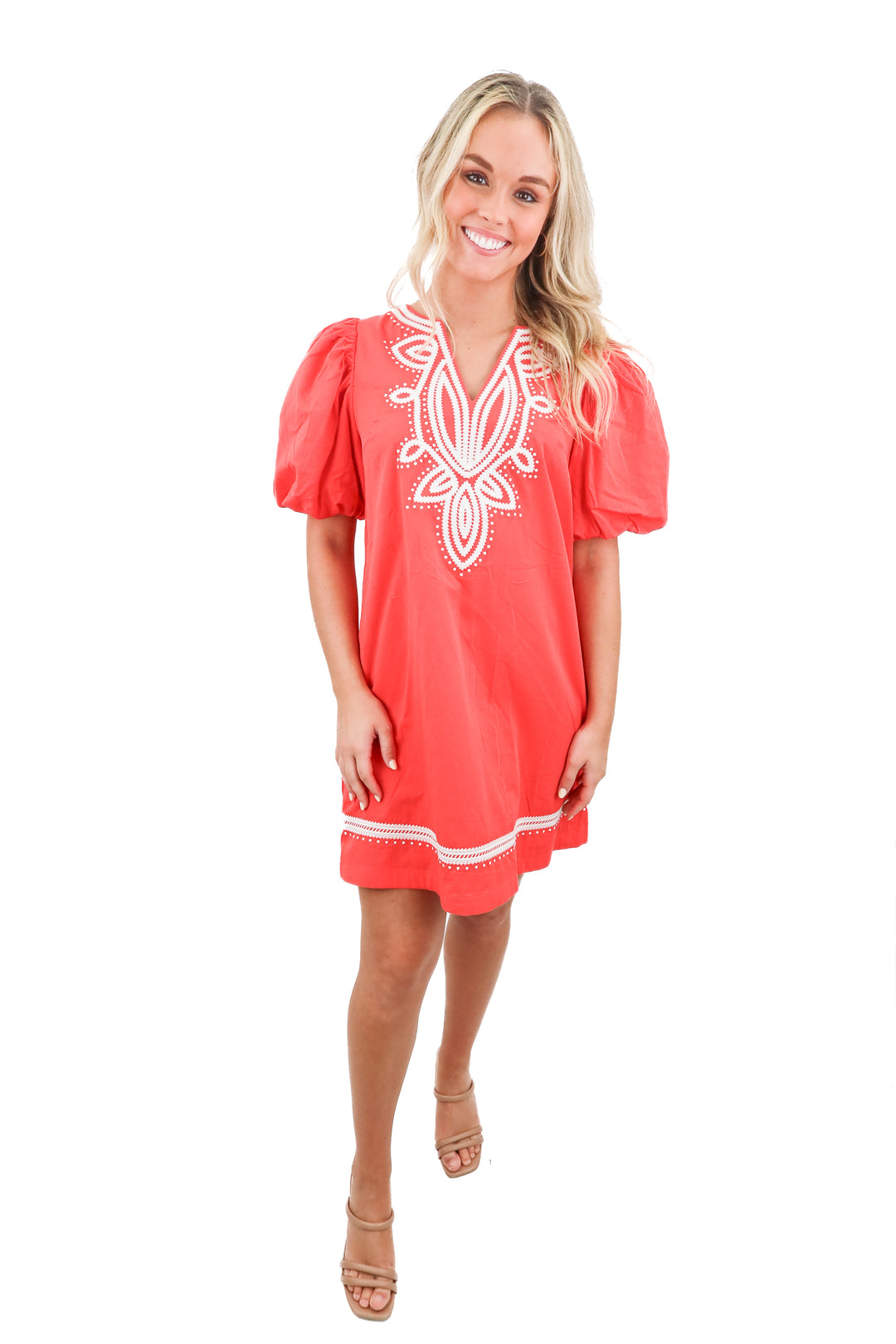 Pinch red puff sleeve white embroidered mini dress (S; retail $84)