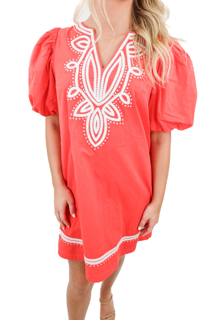 Pinch red puff sleeve white embroidered mini dress (S; retail $84)