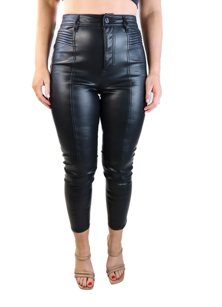 Express black faux leather moto skinny high-rise pants (2; retails for $98)