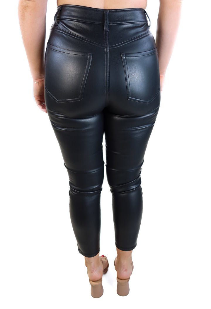 Express black faux leather moto skinny high-rise pants (2; retails for $98)