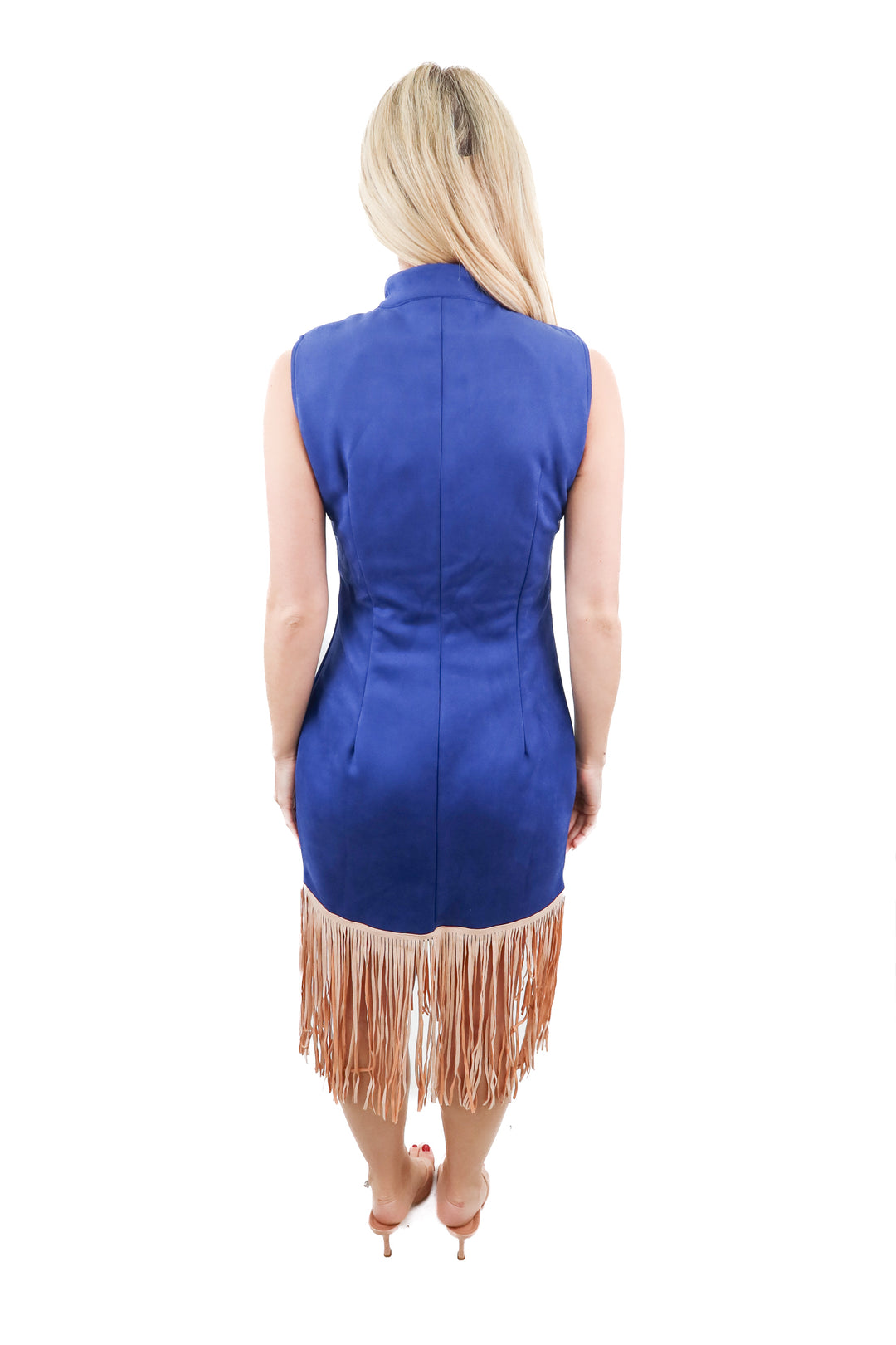 OYROSY blue fringed trimmed sleeveless dress w/ tassels (S; retail $140)
