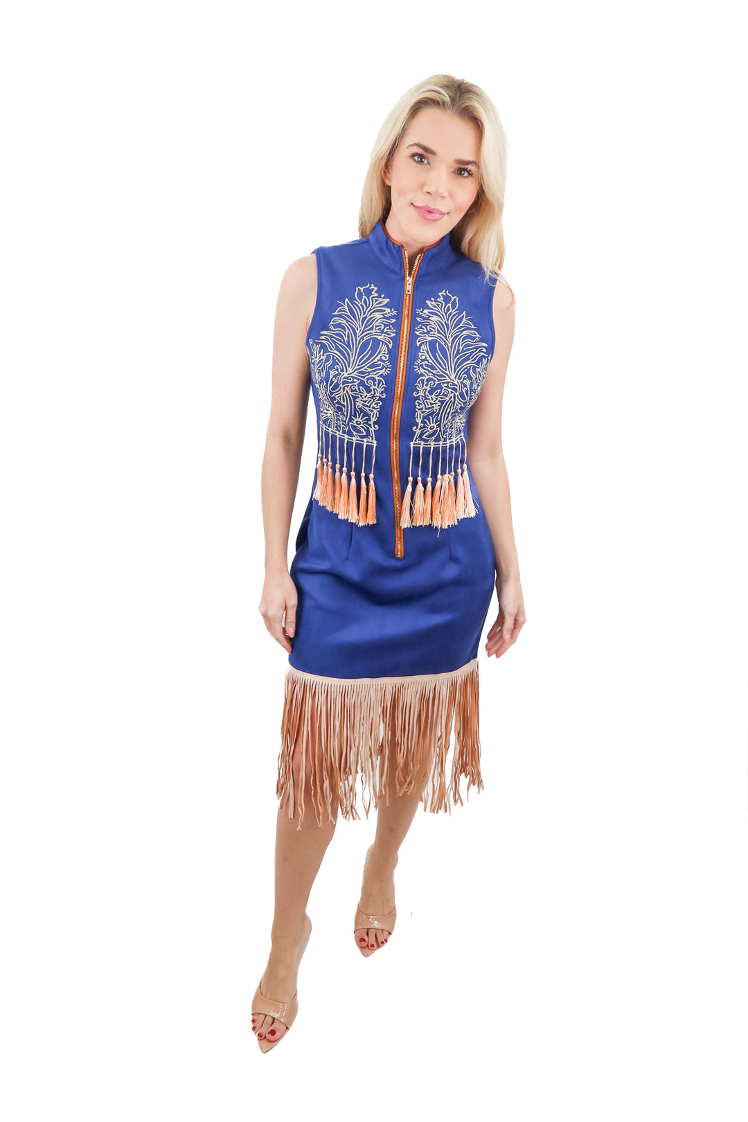 OYROSY blue fringed trimmed sleeveless dress w/ tassels (S; retail $140)