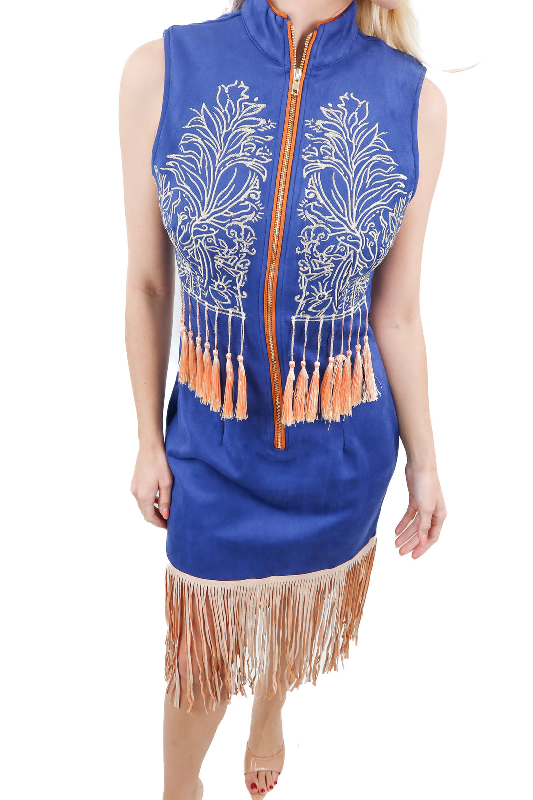 OYROSY blue fringed trimmed sleeveless dress w/ tassels (S; retail $140)