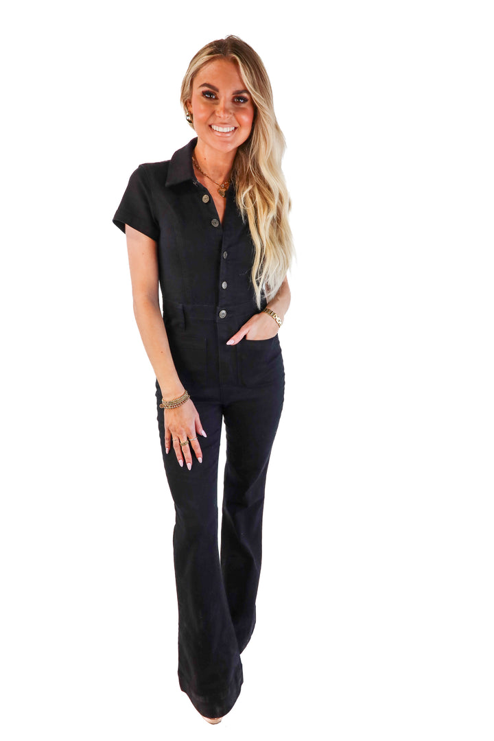 Show me your mumu black denim jumpsuit (s; retail $228)