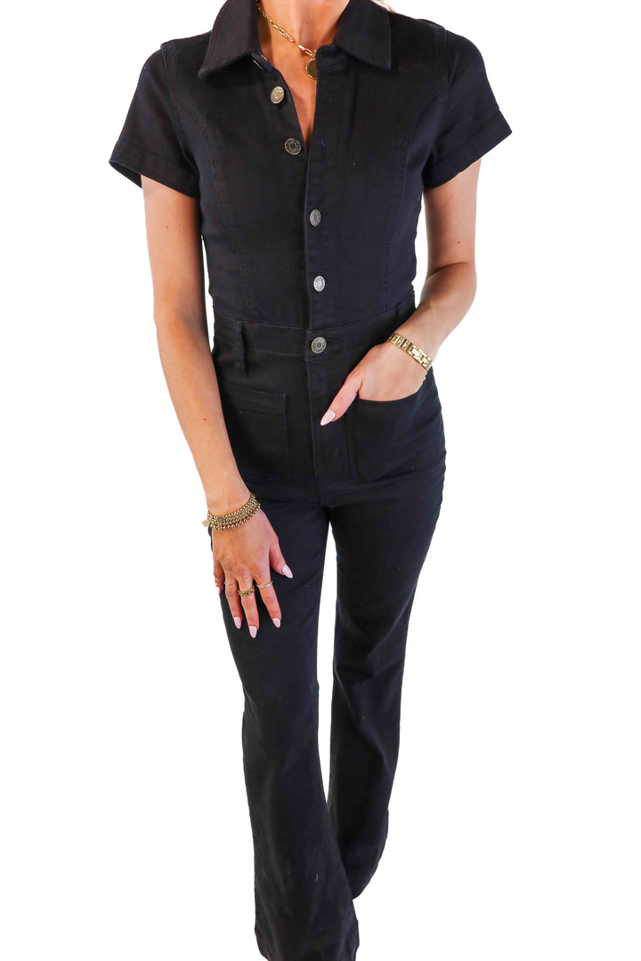 Show me your mumu black denim jumpsuit (s; retail $228)