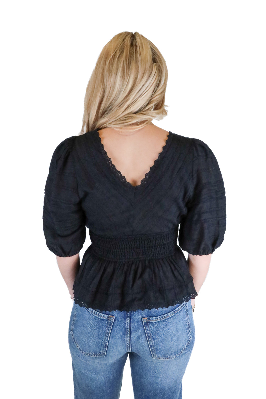 Vici Black Lace Trim Smocked Top (S; retail $54)