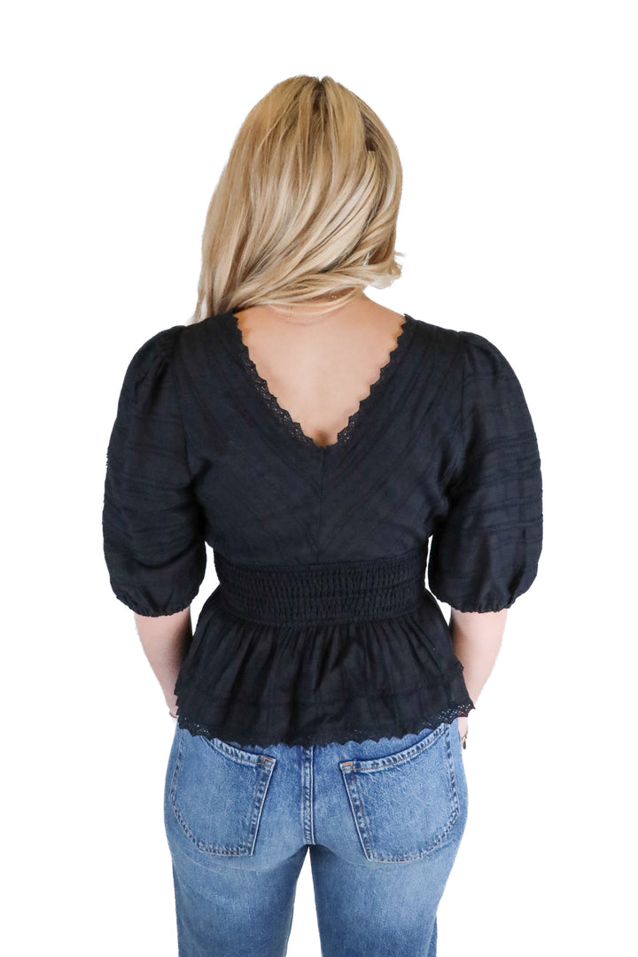 Vici Black Lace Trim Smocked Top (S; retail $54)
