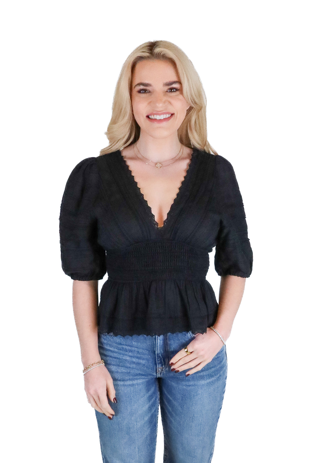 Vici Black Lace Trim Smocked Top (S; retail $54)